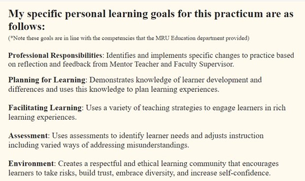 A sample screenshot of a eportfolio page titled My specific personal learning goals for this practicum are as follows: with some personal professional goals content around responsibilities, planning & facilitating learning, assessment and environment. An image of students around a SMART Board is in the bottom right corner. (Norman Vaughan, 2019)