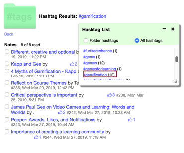 a screenshot of the sorted hashtag results folder for gamification tag