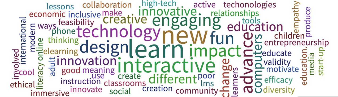 A colourful word cloud with horizonal and vertically placed hashtag words like, technology, learn, innovation, design, interactive, etc. 